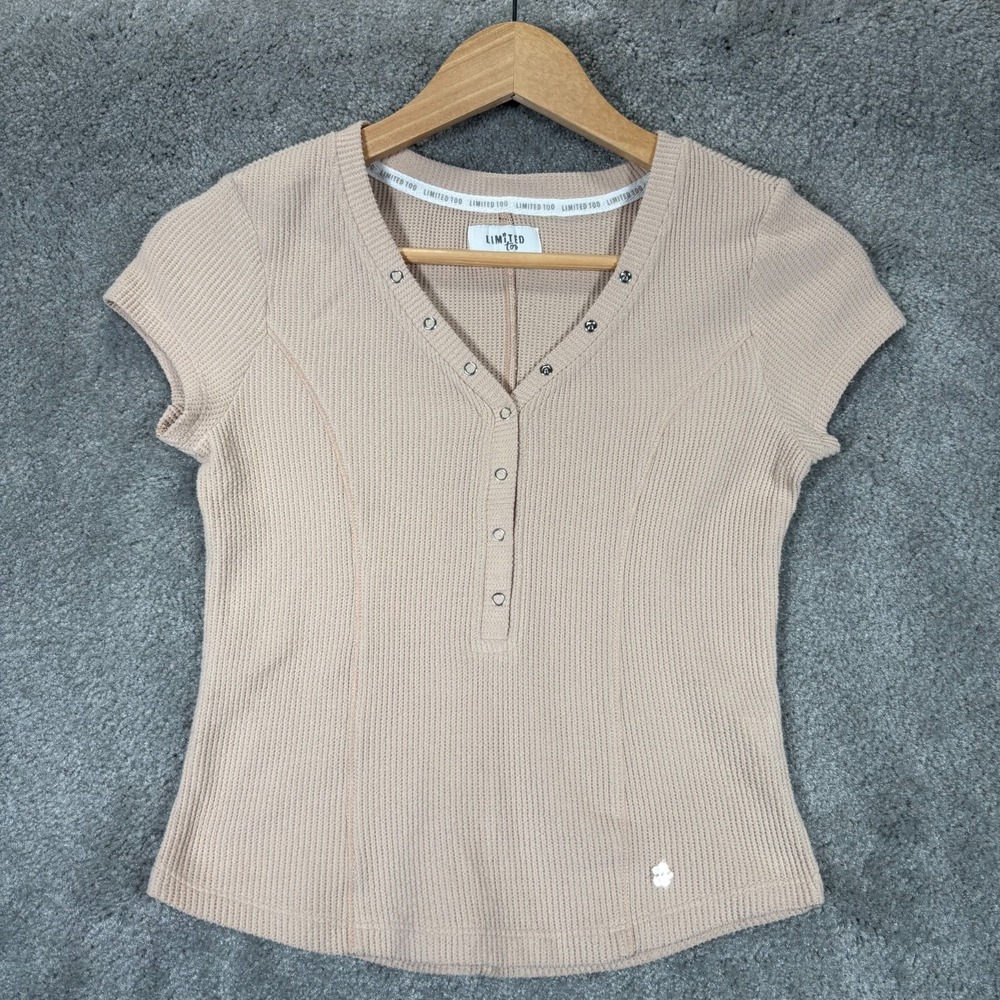 Limited Too Henley Top Youth Girl L Beige Waffle Knit Thermal Stretch Fitted Y2K